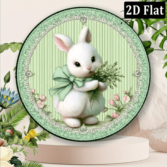 1pc Easter Wall Decor - Rustic Round Sign with Charming Rabbit, Floral Bouquet Green Bow, Pastel Spring Colors, Durable Metal Plaque for Farmhouse, Reusable Seasonal Decoration, Rabbit Decor, Deco