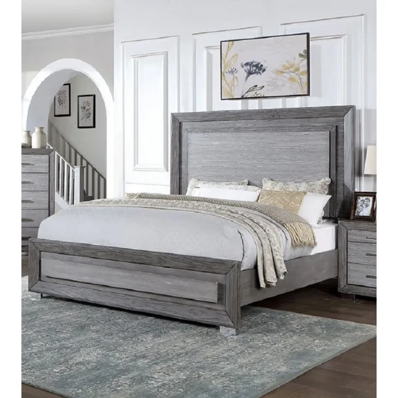 1pc Easteren King Size Bed w White LED HB FB Gray Color Solidwood Transitional Bedroom Furniture Panel Bed