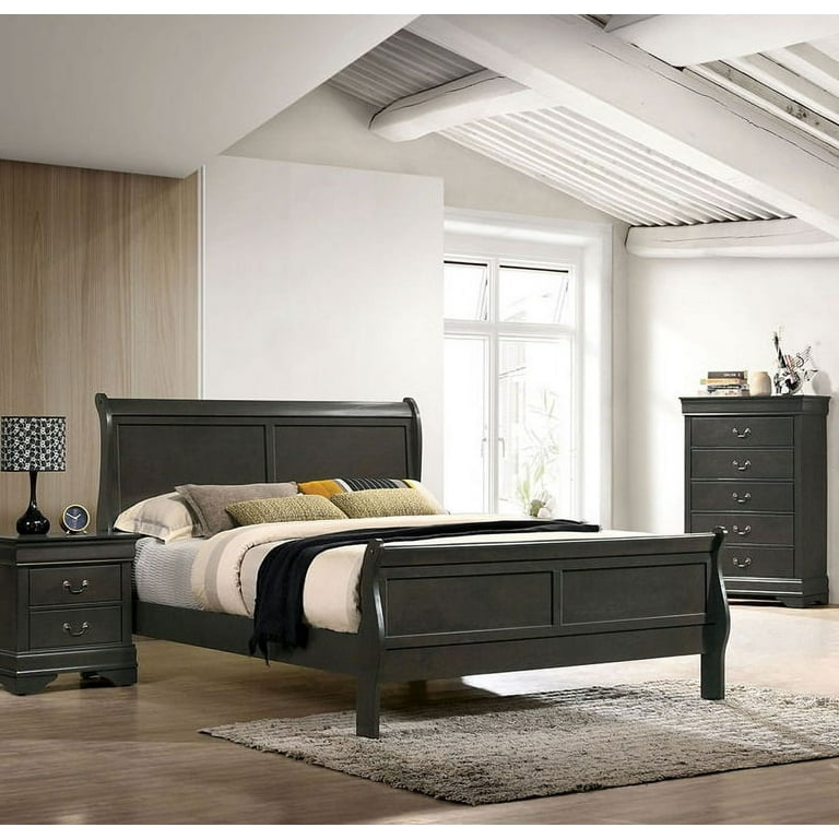1pc Eastern King Size Bed Gray Color Solid wood Veneers Headboard Footboard  Rails Bedframe Design Panels