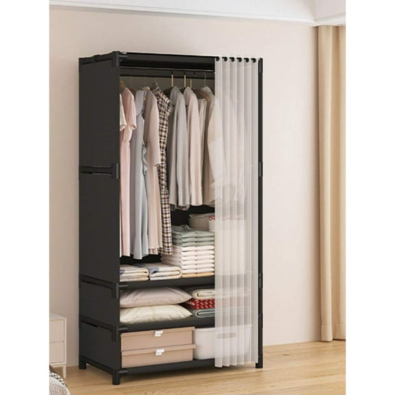 1pc Easy-To-Assemble Modern Closet With Drawers - Durable Portable Clothes Organizer, Reinforced Steel Frame, Black & White - Ideal for Bedroom & Dorm Room
