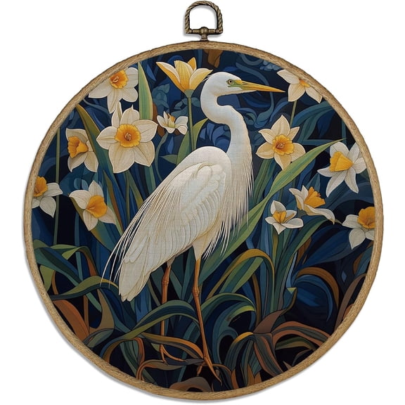 1pc Egret Daffodil Round Wall Art Decor 10" Framed Canvas Wall Art Oriental Wall Decor with Vintage Hooks Hanging Artwork Prints for Wall Room Door Bedroom Living Room Porch Colorful