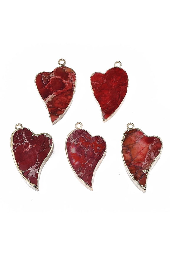 1pc Electroplate Regalite/Imperial Jasper/Sea Sediment Jasper Pendants Dyed with Iron Findings Heart Golden 42~44x25~27x6~8mm Hole: 2mm