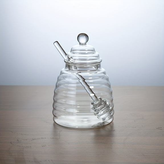 1pc Elegant Bee-Themed Honey Jar - High Borosilicate Glass Container with Integrated Dipper, Airtight Lid - Heat & Shock Resistant for Kitchen, Pantry, Dining Table - Decorative Bee Decorations