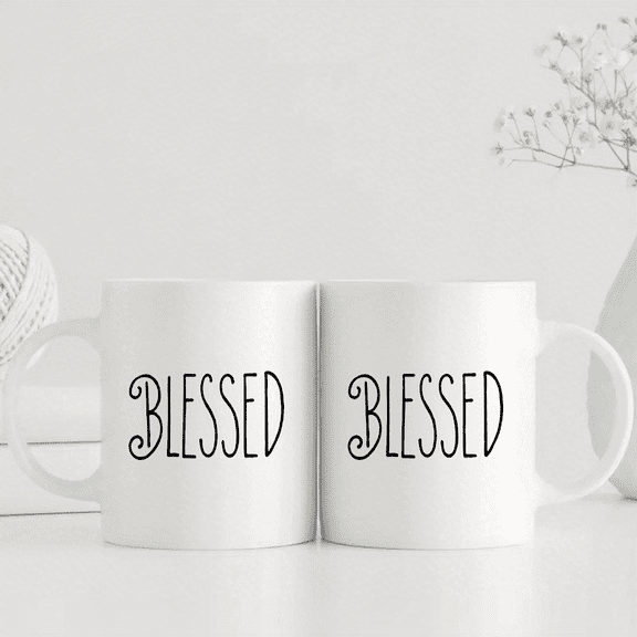 1pc Elegant "Blessed" Cursive-Style Ceramic Mug - 11oz White Coffee & Tea Cup with Black Lettering, Dishwasher - Inspirational Gift for Women, Men, Weddings, Birthdays, Christmas - Hot/Cold Beverage