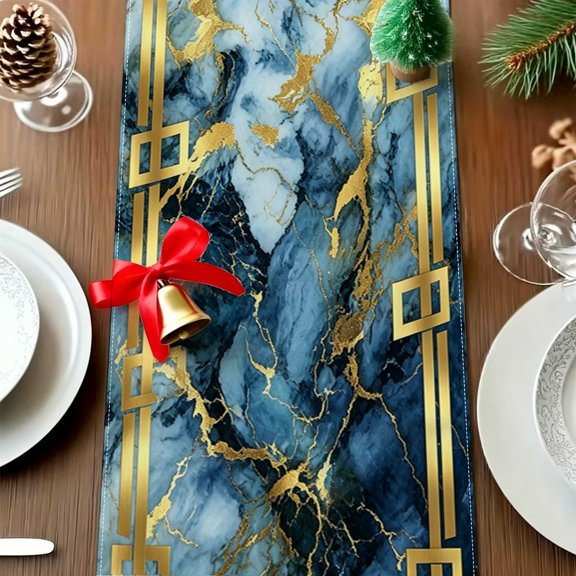 1pc Elegant Blue Gold Cracked Marble Golden Border Table Runner, Xmas Retail Dining Decor, Chic Modern Table Gift Thanksgiving Christmas