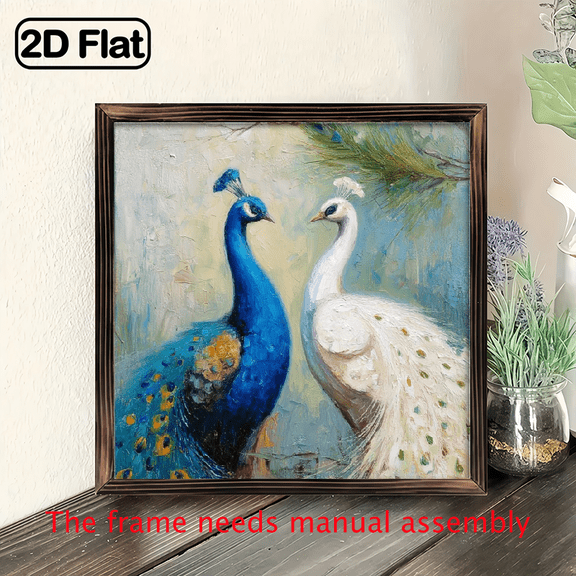 1pc Elegant Blue Golden Peacock Wall Art Wooden Sign 8x8 Inch Farmhouse Style Hand-Painted Look Decorative Panel with Turquoise, Navy Golden Hues, , Office, Bathroom Decor