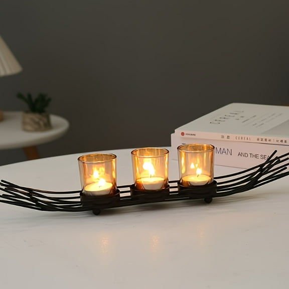1pc Elegant Boat-Style Iron Candlestick Holder - Small Votive Candle Stand with Black Wire Design, Perfect for Christmas & Home Decor, Tabletop Candle Display, Candle Holder Decor