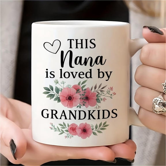 1pc Elegant Floral Ceramic Coffee Mug with This Nana is Loved by Grandkids Text Pink Green Floral Design Heart Cutouts Dishwasher 11oz Tea Cup Women G