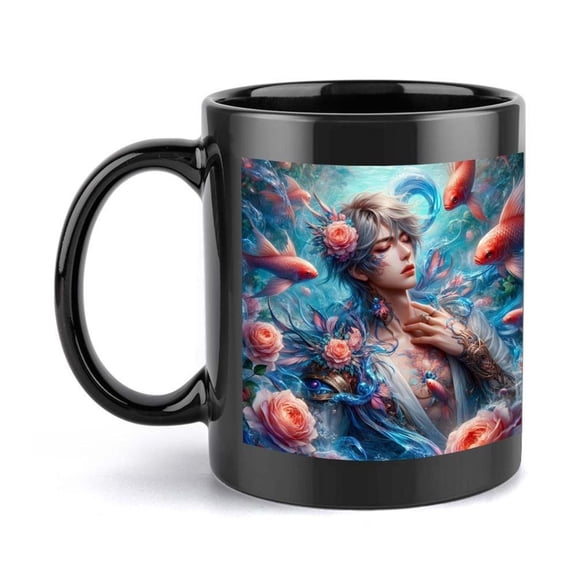 1pc Elegant Floral Fish Mug Elegant Floral Fish Cup with Red Pink Roses 11oz Ceramic Coffee Cup with Black Handle Birthday Wedding Christmas Office Gi