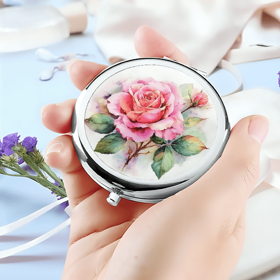1pc Elegant Floral Makeup Mirror - Pink Rose Green Leaves Compact Travel Mirror, Foldable Portable Design, No Battery Needed, Powder-Coated Finish - Birthday, Party, Wedding, Everyday Makeup Gift