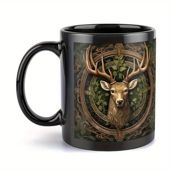 1pc Elegant Gloss Black Ceramic Coffee Mug with Majestic Deer Leaf Design 11oz Durable Cup Suitable Home Cafe Restaurant Use Birthday or Holiday Coffee Bar Accessories