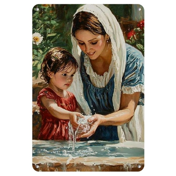1pc Elegant Iron Baptism Metal Sign - Faux Mother & Youngsters Art, Durable Home Decor for Garden, Bedroom, Garage | Heartwarming Gift Idea, 8x12 inches, Nursery Decor, 2D, Perfect for Room Decor