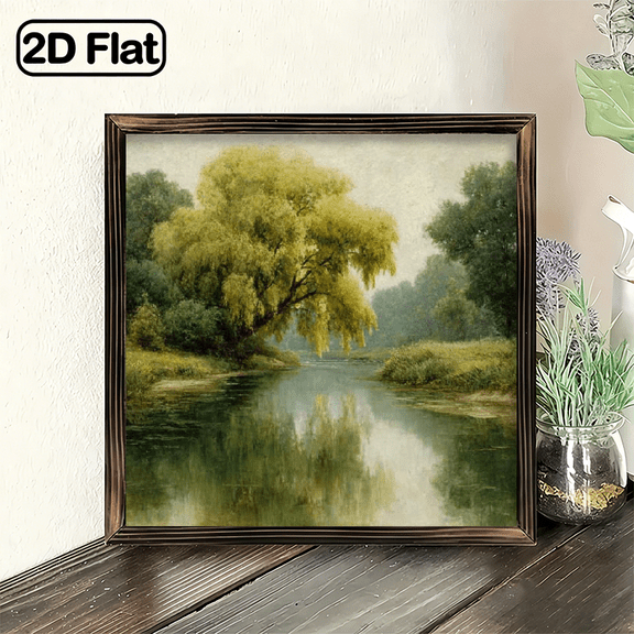 1pc Elegant Ornate Framed Serene Lakeside Landscape Wooden Sign - WallTabletop Decor Suitable for Christmas, Housewarming, Birthday Gift, Office - Tranquil Ambiance, 8x8 Inch Decorative Si