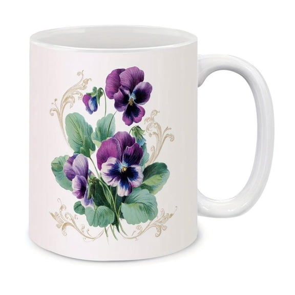 1pc Elegant Pansy Floral Mug 11oz Ceramic Coffee Cup with Purple Pansy Flowers Green Leaves Hand Wash Only Birthdays Christmas Summer Gifts Holiday Item Durable Drinkware