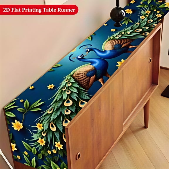 1pc Elegant Peacock Table Runner - Deep Blue & Golden Peacock Design With Green Foliage, Durable Polyester Rectangular Table Runner For Dining Table, Coffee Table, Kitchen , Festival Decor