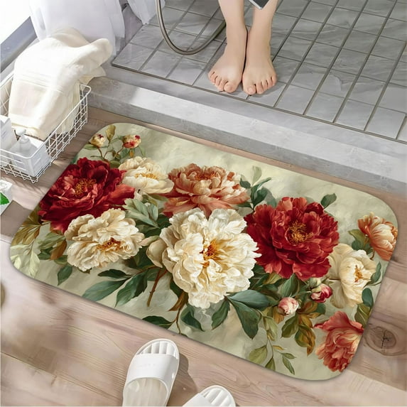 1pc Elegant Peonies Absorbent Non-Slip Bathroom Thickened Flannel Rug Decor,Soft,Quick Drying,Suitable For Indoor/outdoor Use,Bathrooms,Bedrooms,Kitchens,Terrace,Laundry Rooms,16"x24"