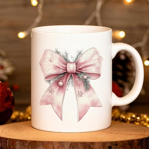 1pc Elegant Pink Bow Snowflake Ceramic Coffee Mug with Golden Trim 11oz Winter Holiday Cup Dishwasher Reusable Cup Hot Cocoa Tea Coffee Christmas Wome