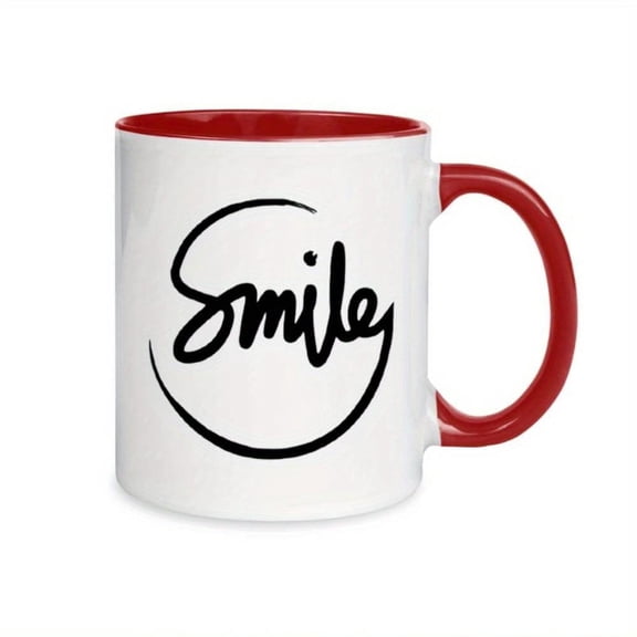 1pc Elegant Smile Coffee Mug with Red Handle White Body 11oz Ceramic Cup Glossy Modern Design with Black Smile Face Lettering White Red Cursive Lettering Smooth Edges Comfortable G