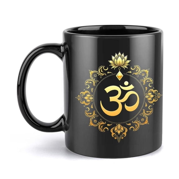 1pc Elegant Spiritual Mug with Golden Om Symbol Flower Black Yoga Cup 11oz Ceramic Coffee Cup Meditation Gifts Compatible with Tea Hot Chocolate Office Home or Wedding Favors Ideal