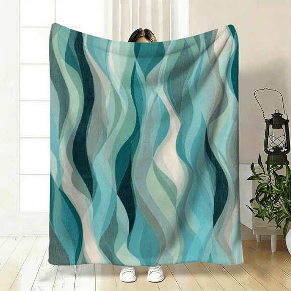 1pc Elegant Turquoise Striped Fleece Blanket Modern Abstract Geometric Design, Soft Polyester Throw For Couch, Camping, Travel, All-Season Use.