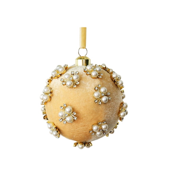 1pc Elegant Velvet Pearl Crystal Embellished Christmas Ornament, Vintage Luxury Round Hanging Ball for Christmas Tree Indoor Party Decoration, Gold