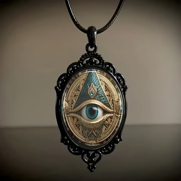 1pc Elegant Vintage Eye Design Black Frame Glass Necklace for Women – Intricate Golden & Blue Stained Glass Pendant, Romantic Gift Jewelry for Daily Wear or Parties, Elegant Necklace