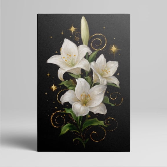 1pc Elegant White Lily Flowers with Golden Sparkles and Swirls on Black Background Framed Decor room hanging Wall Picture Decor for Home Gifts, living room, bathroom, bedroom, kitchen wall art decor