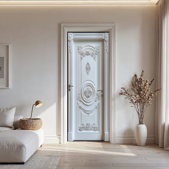 1pc Elegant White Panel Door Sticker with Floral Molding - Removable Self-Adhesive PVC Decal, Modern Abstract Art Design, Multi-Surface Installation for Doors & Walls, Easy Peel & Stick Home Decor, D