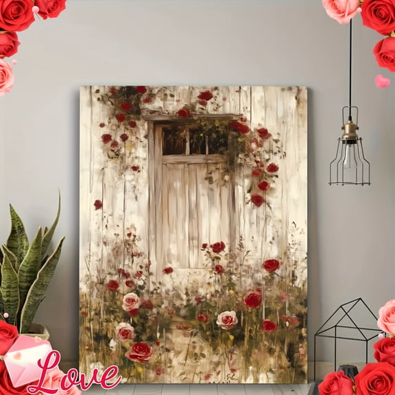 1pc Elegant Wooden Framed Canvas Painting - Rustic Rose Garden Vintage Art, Retro English Cottage Scene, Wrapped Canvas Design, Indoor/Outdoor Wall Decor for Bedroom, Living Room, Kitchen,