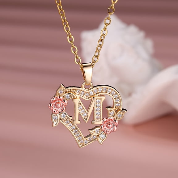 1pc Elegant Zirconia Rose Golden Heart Pendant Necklace with Initial A-Z, Fashion Jewelry for Women, Perfect for Daily Wear & Gifting, All-Season Accessory