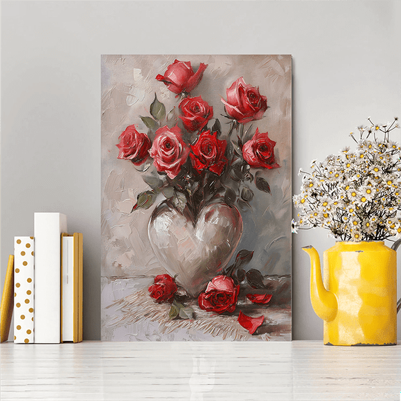 (1pc)Elegant heart-shaped red roses Wooden Framed 2D Canvas Painting(thickness1Inch)high definition Printing Poster wall decor Art, Suitable for Festivals birthday Home Gifts
