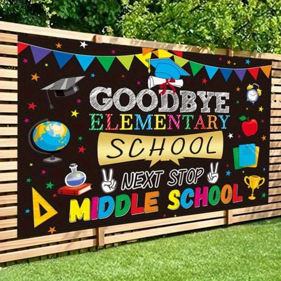 1pc ' Elementary to Middle School Graduation tapestry- Durable Lettering with School Icons (Diploma, Pencils, Books) - /Outdoor Party Decorations for 6th Grade Promotion, Backdrop & Photo Props for &