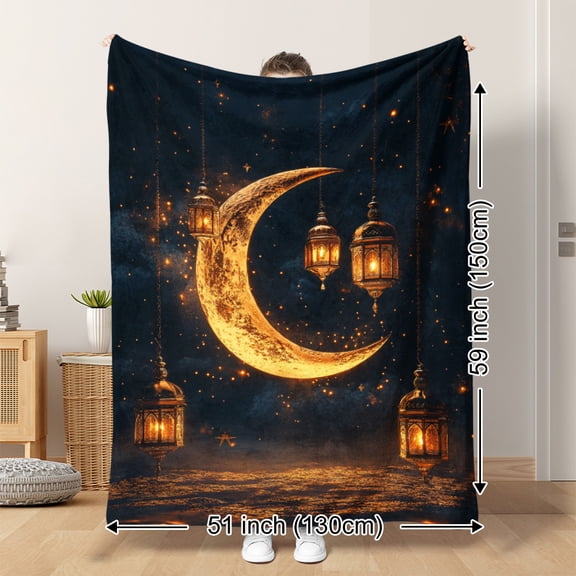 1pc Elements Gorgeous Lanterns Stars and Moon Blessings Eid Mubarak Kareem Soft and Warm Print Blanket Great Holiday Gifts for Classmates Friends Family and Lovers