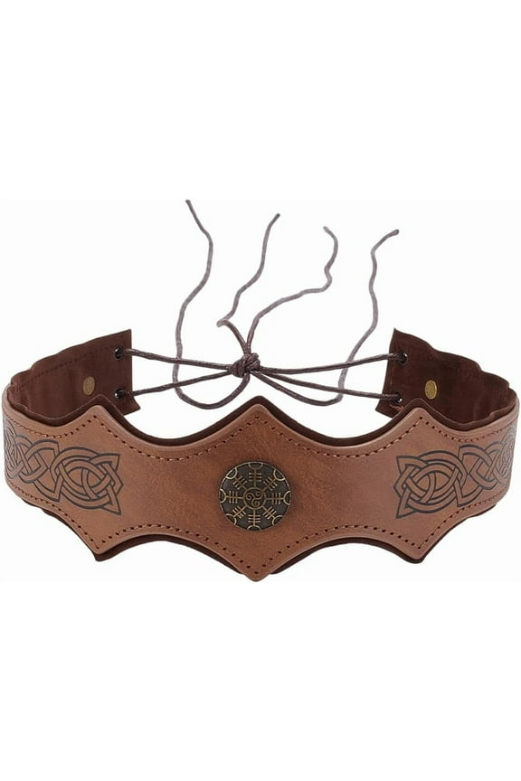 1pc Embossed Vintage PU Leather Headband Brown Medieval Retro Headpiece AdjustableViking Leather Head Hair Band Alloy