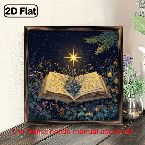 1pc Enchanted Book Starry Night Wooden Wall Art Sign 8x8 Inch Framed Rustic Home Decor with Floral Design, Living Room, Christmas Party - Unique Holiday Gift, Party Decoration Celestial Theme Decor