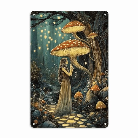 1pc Enchanted Forest Fairy and Mushroom Metal iron Sign, 8*12 inches, Vintage Fantasy Artwork, Unframed Wall Decor for Home and Bar