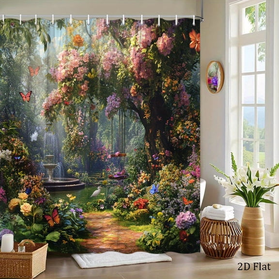 1pc Enchanted Garden Shower Curtain with Vibrant Flowers, Winding Path, and Serene Waterfall Scene - Whimsical Fantasy Design, 70.8x70.8 Inches,