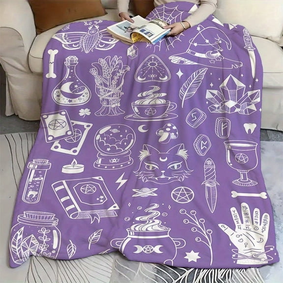 1pc Enchanted Magical Flannel Blanket - Soft All-Season Fantasy Throw with Witch Hat, Crystal Ball, Potion Bottle & Mystical Symbols in Purple & Black - Cozy Bedspread for Halloween Decor, Bed, Couch