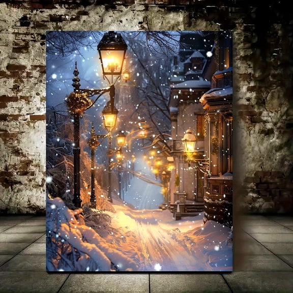 1pc Enchanted Winter Night Street Scene Canvas Wall Art - Wooden Framed Snowy Evening with Illuminated Lamps Print,  Woven Canvas, Art Deco Style Indoor/Outdoor Decor for Living Room
