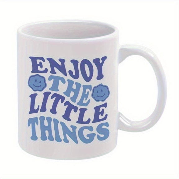 1pc Enjoy Little Things Ceramic Coffee Mug White Cup with Blue Lettering joyful Faces Positive Message Birthday Christmas Housewarming Everyday Use Mu