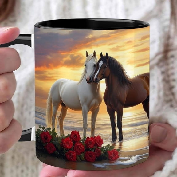1pc Equestrian Love Ceramic Coffee Mug 11oz Horse Horses Beach Sunset with Red Roses White Horses Design Reusable Cup Hot Cold Drinks Hand Wash Only W