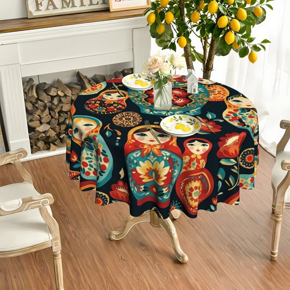 1pc Ethnic Folk Russian Nesting Doll 2D Printed Round Tablecloth, Versatile Cover For Kitchen Patio Holiday Parties, Exquisite Christmas Gift For Folk Art Collectors Home Decor Lovers