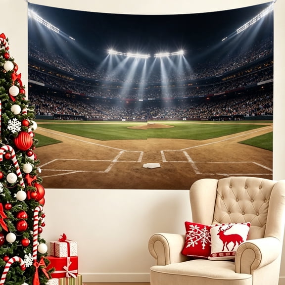 1pc Evening Lit Baseball Pitch Landscape Peach Skin Tapestry,Sports Wall Decor,Live Stream & Family Gathering Backdrop