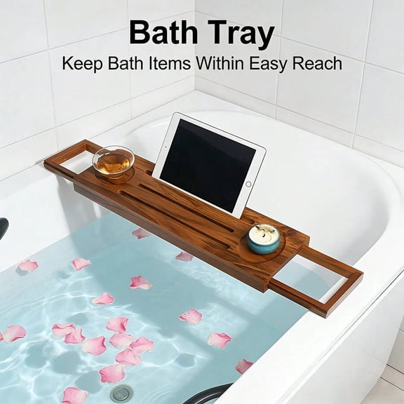1pc Expandable Bamboo Bathtub Tray | Wine Holder,Phone Slot & Bookrest,Anti-Slip Design,Foldable For Easy Storage,Retro Teak Bathtub Organizer Caddy,Expandable & Adjustable With Bookrest,Easy Storage