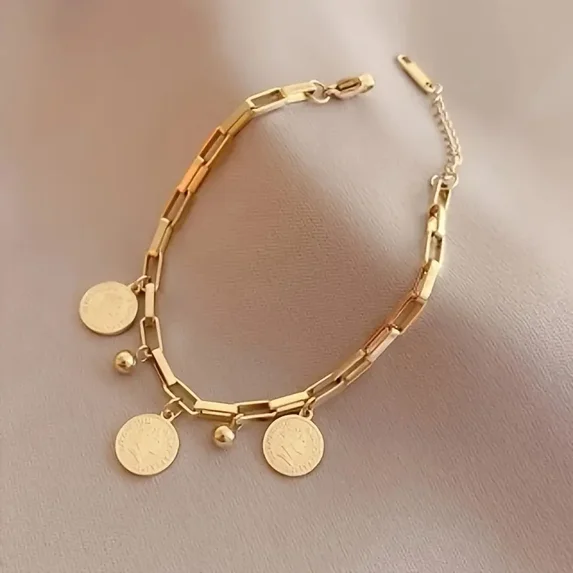1pc Exquisite Vintage Link Chain Coin Tassel Pendant Bracelet - Elegant Handcrafted Jewelry for Women - Timeless Fashion Accessory with Dangling Detailing and Sophisticated Style