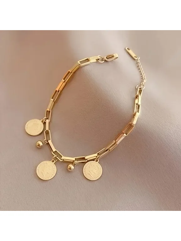 1pc Exquisite Vintage Link Chain Coin Tassel Pendant Bracelet - Elegant Handcrafted Jewelry for Women - Timeless Fashion Accessory with Dangling Detailing and Sophisticated Style
