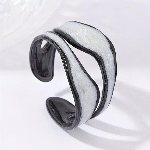 1pc Exquisite White/Dark Blue/Green/Steel White Enamel Creative Ring - Stainless Steel Irregular Opening Adjustable Ring - For Men - Fashionable & Unique - Perfect Gift for Him,Black Pearl White
