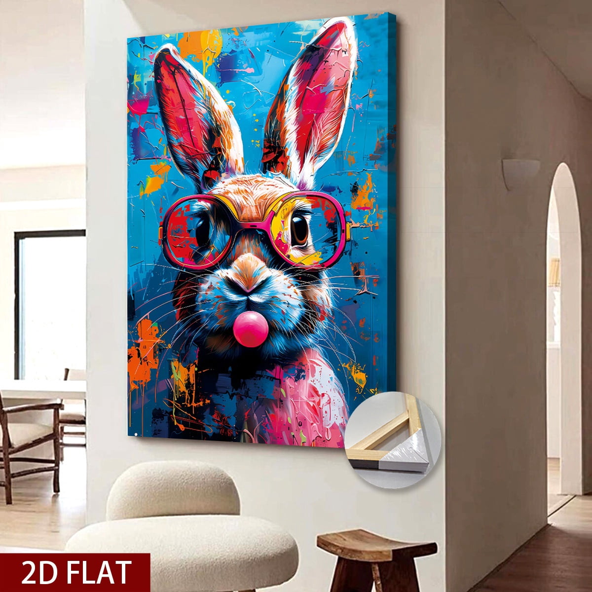 1pc Extra Large Canvas Wall Art - Modern Abstract Rabbit Painting with Pink Glasses, Bold Graffiti-like Colors - Ready-to-Hang Wrapped Canvas Print for Living Room, Bedroom, Office, Kitchen - Perfect