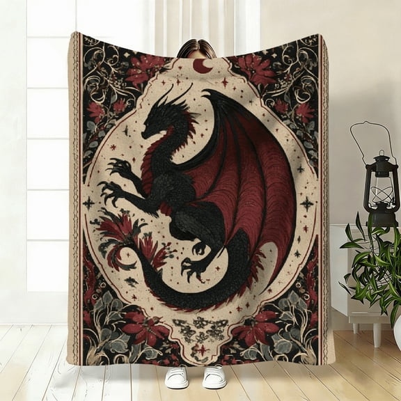 1pc Extra Large Dragon throw blanket Bedspread Thick Soft Flannel Fabric, Red Golden Dragon Design with Black White Red Golden Fantasy Pattern, All-Season Luxury Bedspread for Sofa, Beds, Floor