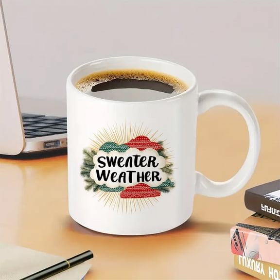 1pc Extra Large Festive Ceramic Coffee Mug, Sweater Weather Text Pine Design, Clear Texture, Novelty Cup, Daily Use Coffee Bar Accessory, Perfect Holiday Gift for Home